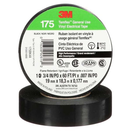 ElectricalTape,Vinyl,Black,20ydL,3/4inW