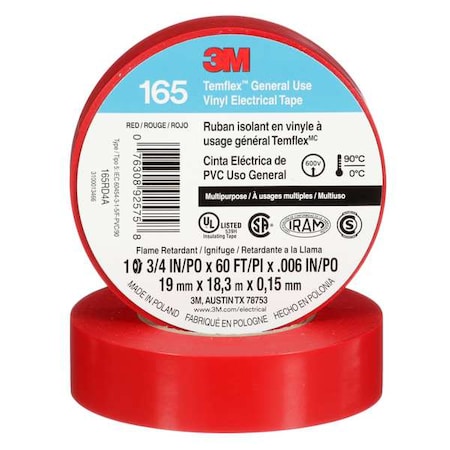 Vinyl Electrical Tape, 165 Temflex, 3/4 in W x 60 ft L, 6 mil Thick, Red, 1 Pk