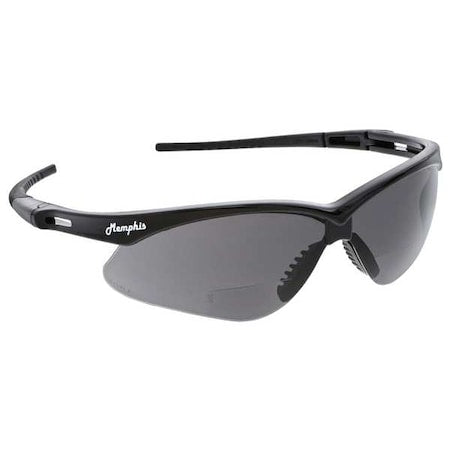 Memphis Reader Safety Glasses, Black Wraparound Frame, 2.0 Diopter, Gray Lens, Anti-Scratch Coating