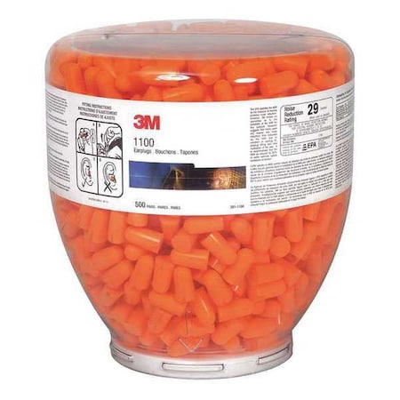 3M 1100 Ear Plug Dispenser, Foam, Bullet, 29 dB NRR, Uncorded, 500 Pairs Per Pkg