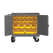 Mobile bench cabinet, louvered panel back, 18 bins, locking doors