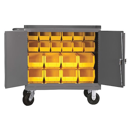 Mobile bench cabinet, louvered panel back, 20 bins, locking doors