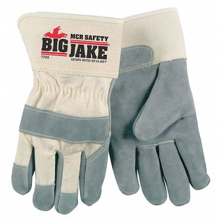 Leather Palm Gloves, Safety Cuff, Wing Thumb, White, L, 1 PR