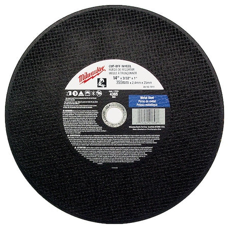 Abrasive Cut-Off Wheel, Type 1, 14 in Dia, 3/32 in Thick, 1 in Arbor Hole Size, Aluminum Oxide