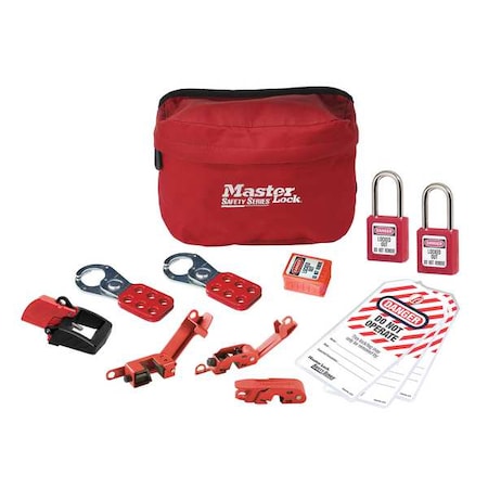 Electrical Lockout Tagout Kit, Keyed Alike, 12 Components, Portable, Cloth Case, Red