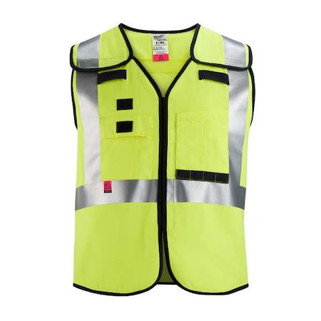 AR/FR Cat.1 High Visibility Vest 2XL, 3XL Class 2 X Back, ,Hook and Loop 10 Pockets, 2 Mic Tab, No