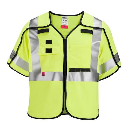 AR/FR Cat.1 High Visibility Vest w/Sleeves 4XL, 5XL Class 3 X Back, ,Hook and Loop 10 Pockets, No