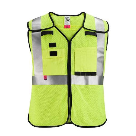 AR/FR Cat.1 High Visibility Vest 2XL, 3XL Class 2 X Back, ,Hook and Loop 10 Pockets, 2 Mic Tab, No