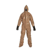 Respirator Fit Hood. Attached Gloves, Butyl mil spec. Double Storm Flap with Hook, Loop Closure. Double Tan. SM