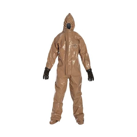 Respirator Fit Hood. Attached Gloves, Butyl mil spec. Double Storm Flap with Hook, Loop Closure. Double Tan. SM