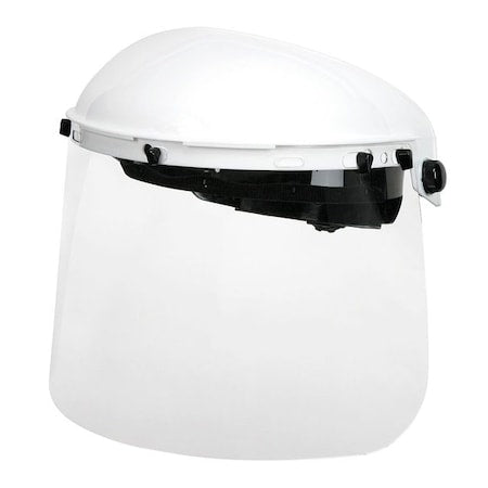Ratchet Face Shield Assembly, Clear Visor, 8" Height, Ratchet Suspension, Uncoated Lens, White