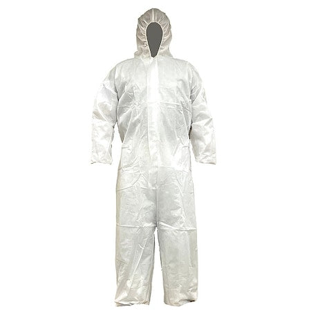 Disposable Coverallss, Hooded, 3XL, PP SMS, Elastic Wrist, Elastic Ankle, Serged Seam, White, 25 PK