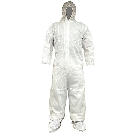 Disposable Coverallss, Hooded, L, PP SMS, Elastic Wrist, Not Applicable Ankle, Serged Seam, White