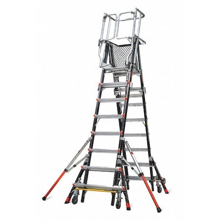 8 to 14 ft Fiberglass, Adjustable Safety Cage Platform Stepladder, 375 lb Capacity