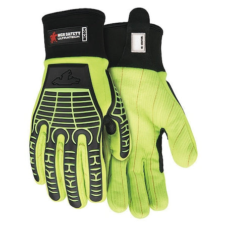 UltraTech Mechanics Gloves, Cotton Corded Palm, Spandex Back, L, Black/Green/High-Visibility Lime