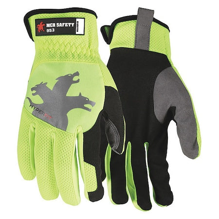 953 Mechanics Gloves, Synthetic Leather Palm, Spandex Back, M, Black/Gray/High-Visibility Lime
