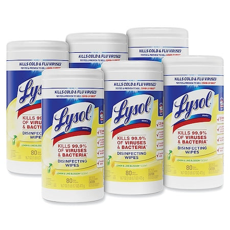 Disinfecting Wipes, 1-Ply, 7 x 7.25, Lemon and Lime Blossom, White, 80 Wipes/Canister, PK6