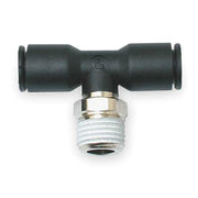 Push-Fit Tee Fitting, 5/16 in or 8mm Tube Size, Fiberglass-Reinforced Nylon, Black, 10 PK