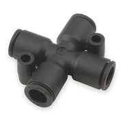 Push-Fit Cross Fitting, 5/16 in or 8mm Tube Size, Brass, Fiberglass-Reinforced Nylon, Black, 10 PK