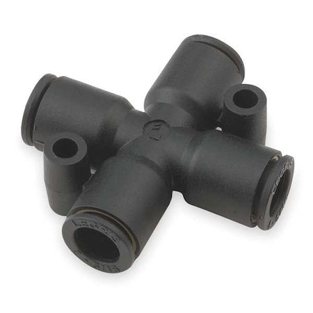 Push-Fit Cross Fitting, 5/16 in or 8mm Tube Size, Brass, Fiberglass-Reinforced Nylon, Black, 10 PK