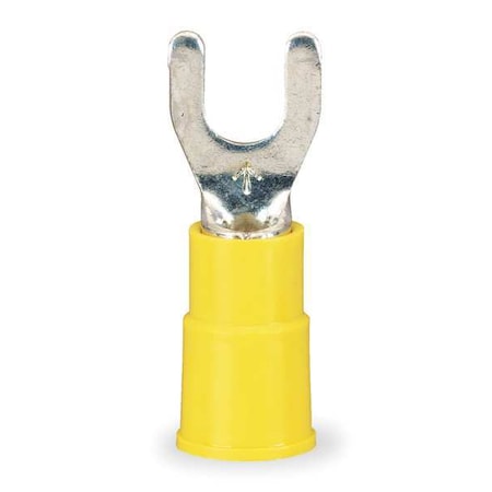 Fork Terminal, #8 Stud Size, 10 AWG, 600 V, Vinyl Insulated, Yellow, Crimp Termination Only, 50 PK