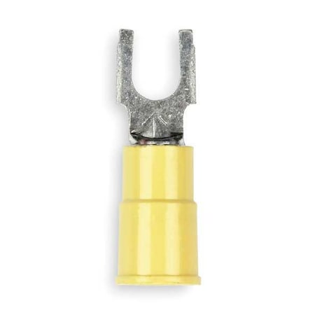 Fork Terminal, #8 Stud Size, 10 AWG, 600 V, Vinyl Insulated, Yellow, Crimp Termination Only, 25 PK