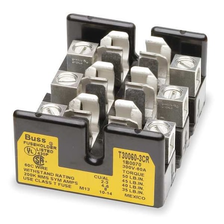 Open Fuse Block, 31 to 60A Amp Range, 300V AC/DC Volt Rating, 3 Poles, Box Lug