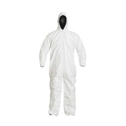 Serged Seams. Attached Elastic Hood. Set Sleeve Design. Elastic Wrists and Ankles. Zipper Closure. White. LG