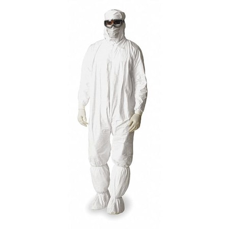 Serged Seams. Attached Elastic Hood. Set Sleeve Design. Elastic Wrists and Ankles. Zipper Closure. White. 2X