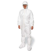 Serged Seams. Attached Elastic Hood. Set Sleeve Design. Elastic Wrists and Ankles. Zipper Closure. White. MD