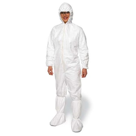 Serged Seams. Attached Elastic Hood. Set Sleeve Design. Elastic Wrists and Ankles. Zipper Closure. White. MD