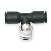 Push-Fit Tee Fitting, 3/8 in Tube Size, Fiberglass-Reinforced Nylon, Black, 10 PK