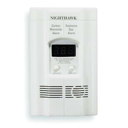 Carbon Monoxide and Gas Alarm, 85 dB at 10 ft, 120V AC, 9V, Electrochemical Battery Backup: Yes