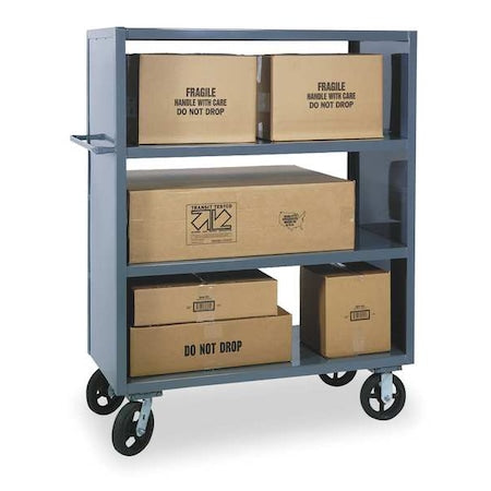 Dual-Side-Access Solid-Wall Metal Stock Truck, Steel, 2,000 lb Load Capacity, 3 Shelves, Flat Handle