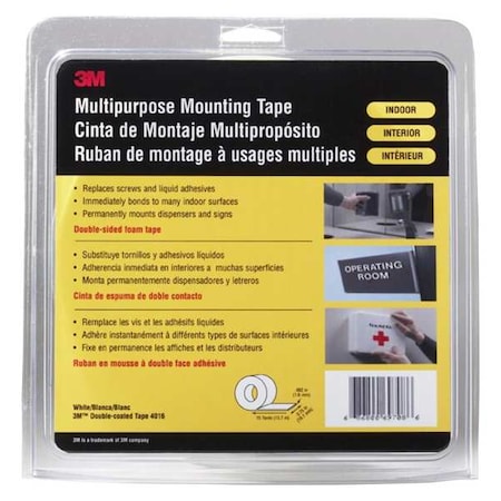 Double-Sided Foam Tape, 3/4 in W, 15 yd L, 1/16 in, Polyurethane Foam, Double-Sided