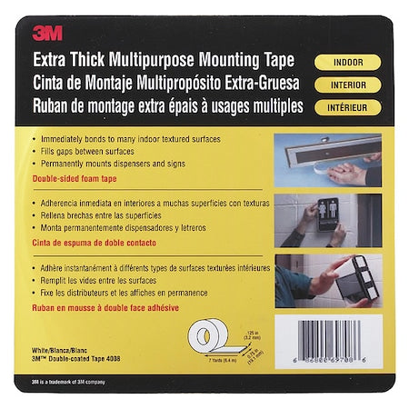 Double-Sided Foam Tape, 3/4 in W, 7 yd L, 1/8 in, Polyurethane Foam, Double-Sided