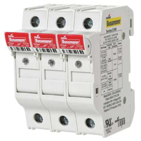 Fuse Holder, 0 to 30A Amp Range, 600V AC/DC Volt Rating, 3 Poles, Clamp/Spade Lug
