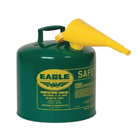 Type I Safety Can, Galvanized Steel, 5 gal, Self-Closing Lid, Includes Funnel, Green, Combustibles