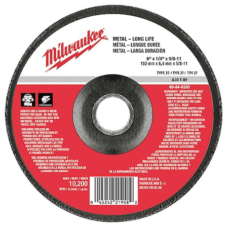 6" x 1/4" x 5/8-11" Grinding Wheel (Type 27)