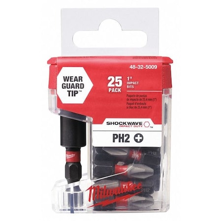 SHOCKWAVE 2.36" Magnetic Bit Tip Holder w/Impact Phil No. 2 Insert Bits, 25PK