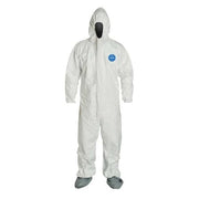 Tyvek 400 Hooded Disposable Coverall, Attached Skid-Resistant Boots, 3XL, White, PK25