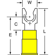 Fork Terminal, 1/4 in Stud Size, 10 AWG, 600 V, Vinyl Insulated, Yellow, Crimp Termination Only