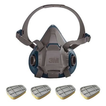 Low Maintenance Half Mask Respirator Kit, Includes 4 Chemical Cartridges, 6000 Series, Bayonet, L