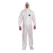 Chemical Resistant Coveralls, Hooded Coverall, 3XL, SMS, Elastic Wrist, Elastic Ankle, Serged Seam