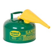 Type I Safety Can, Galvanized Steel, 2.5 gal, Self-Closing Lid, Includes Funnel, Green, Combustibles