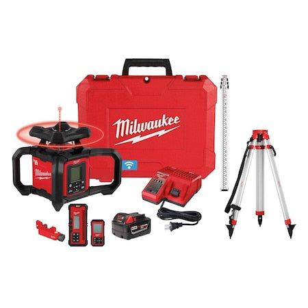 M18 Red Exterior Dual Slope Rotary Laser Level Kit w/ Receiver, Remote, Grade Rod & Tripod